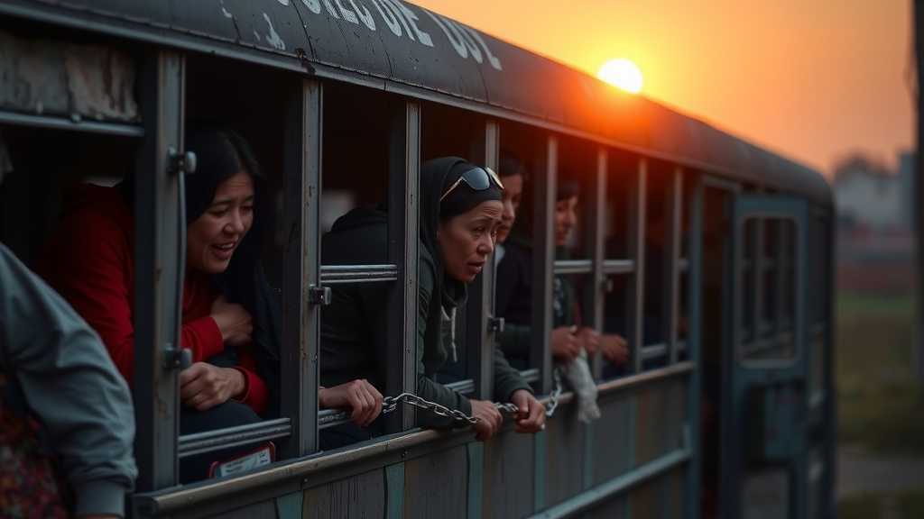 Women chained inside a grimy prison bus, faces reflecting terror.