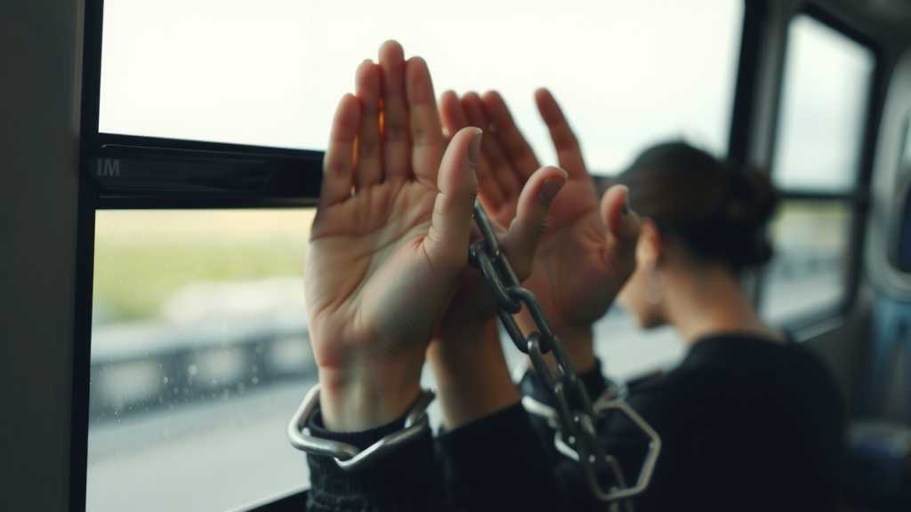 Close-up of a woman's chained hands against a prison bus window, tears on her face.