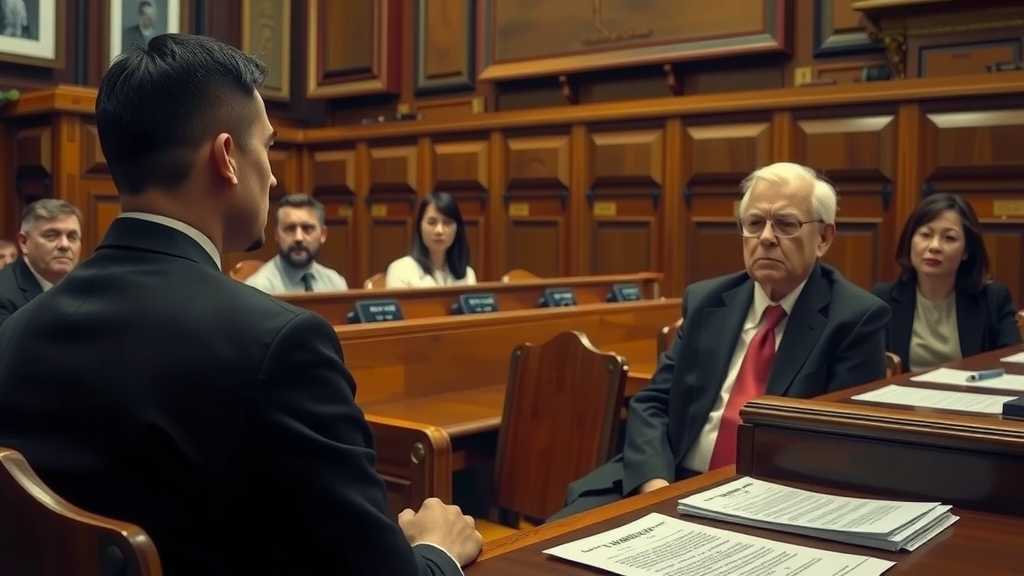 A tense courtroom scene with an immigrant facing legal proceedings.
