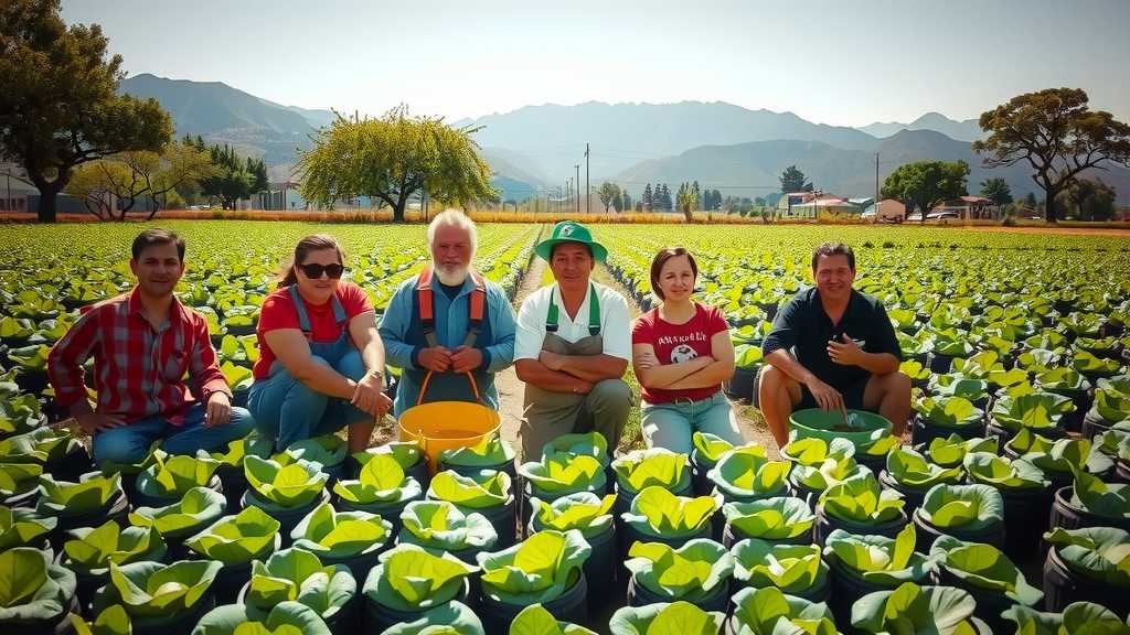 trabajadores agricolas descansando en un vibrante area agricola verde rodeados de cultivos y montanasjpeg