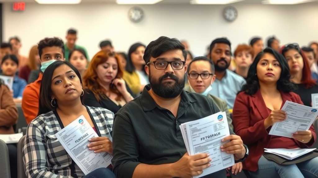 Immigrant applicants in a tense waiting room environment pondering their future.
