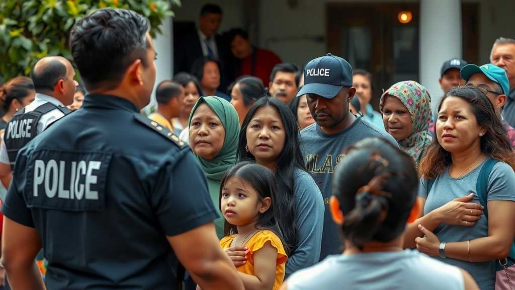 A diverse group of families in a community event, with law enforcement visible in the background, highlighting the tension in their expressions.