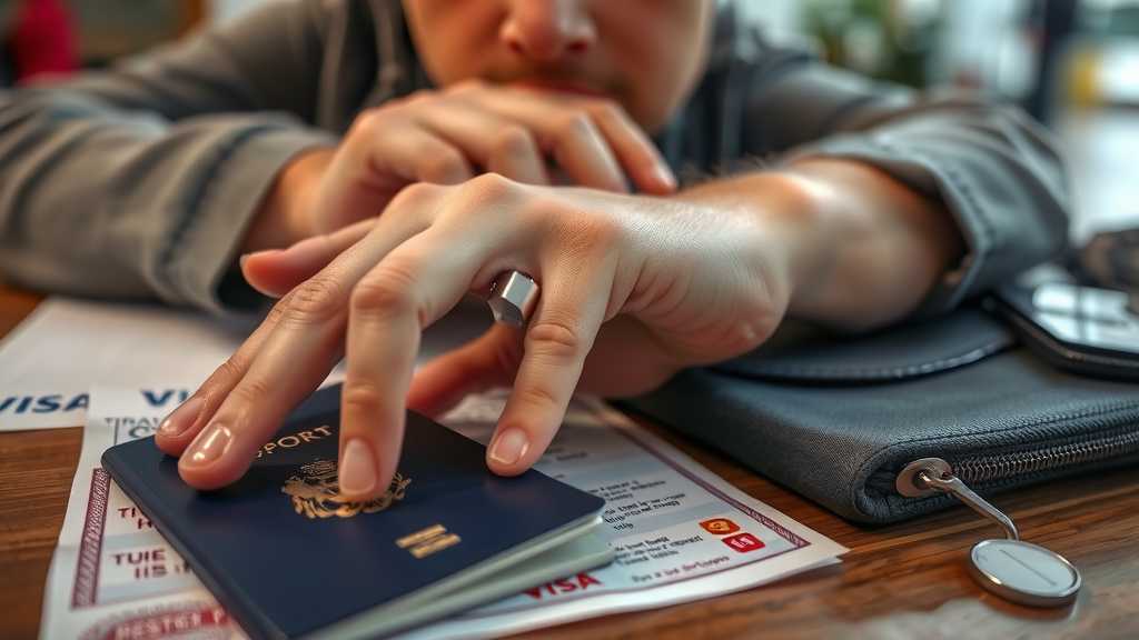 Passport and visa documents with a worried traveler