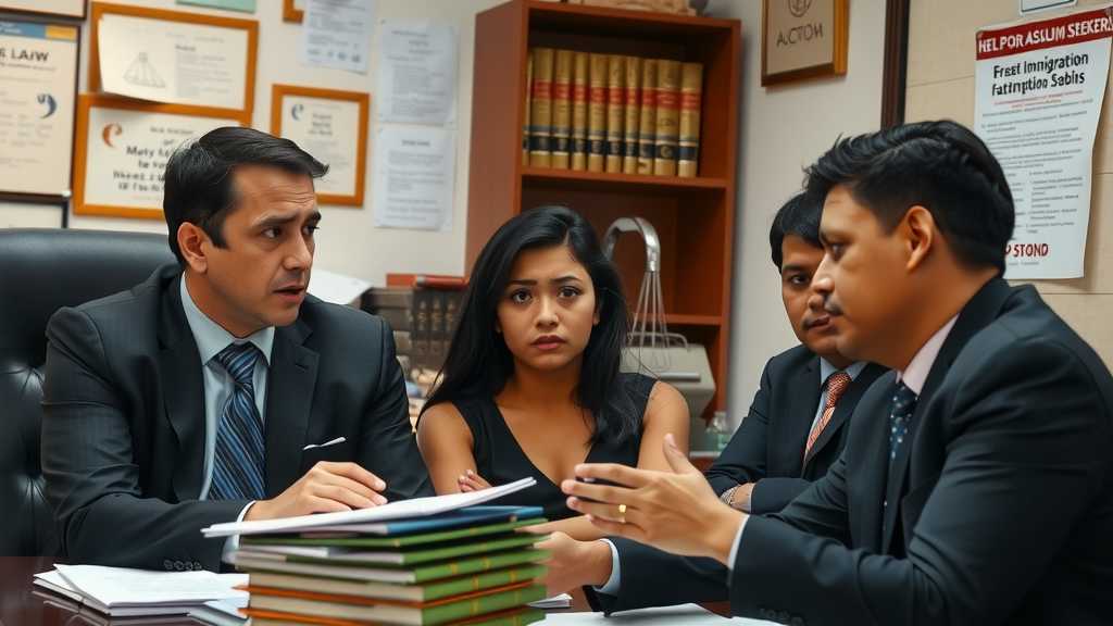 Immigrants receiving legal advice in an office.