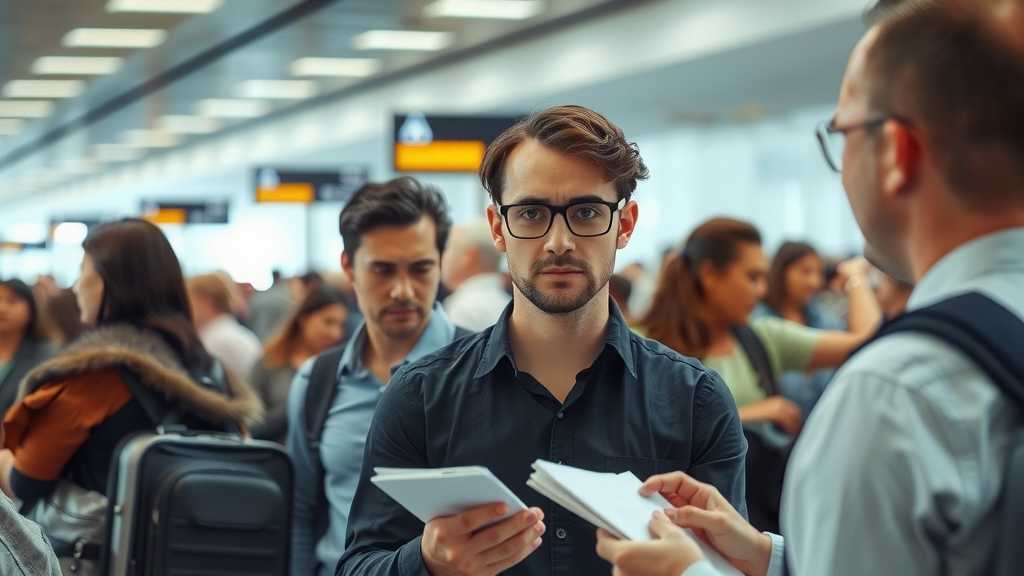 viajantes diversos en la aduana del aeropuerto mostrando ansiedadjpeg