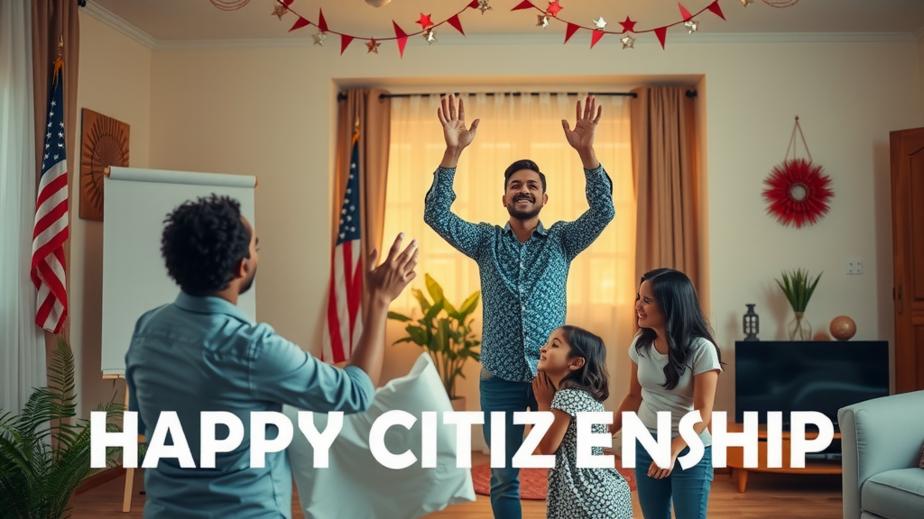 Family celebrating their citizenship at home.