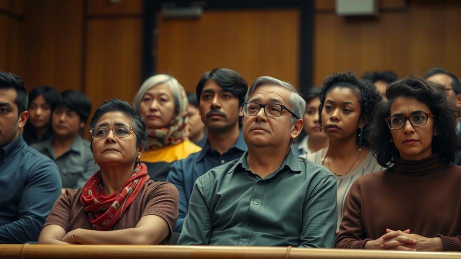 Immigrants anxious in the courtroom awaiting their hearings.
