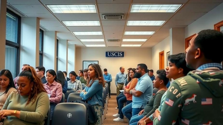 Immigrants waiting in a USCIS office, filled with hope.