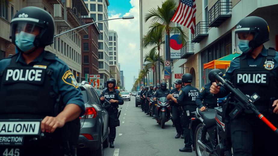 Miami street with police presence, depicting immigration enforcement.