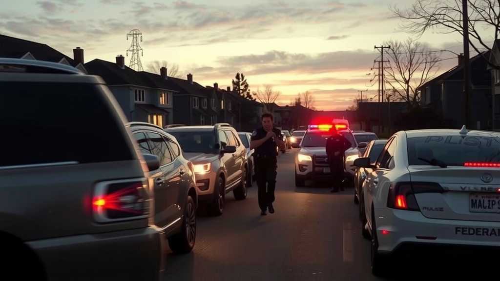 luz del amanecer filtrandose a traves de los arboles en un vecindario suburbano mientras los oficiales federales se preparan para confrontar a individuos en un automoviljpeg