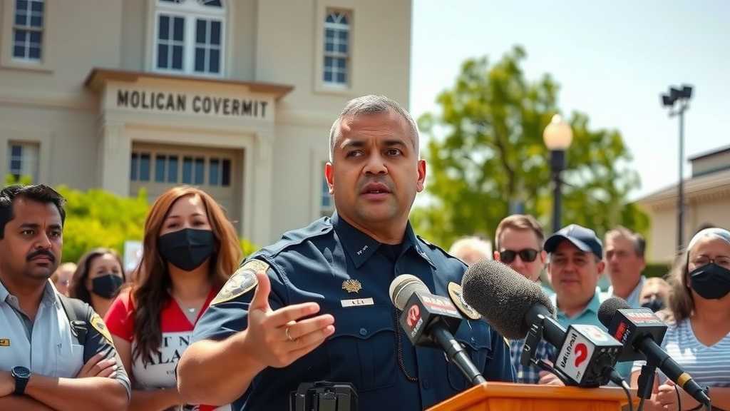 oficial de la ley hablando con la prensa sobre politicas migratorias en californiajpeg