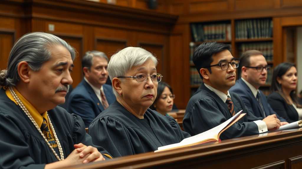 salon de justicia con un panel diverso de jueces durante un grave caso de deportacionjpeg