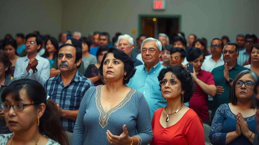 An anxious congregation during a church service, with empty seats highlighting fear among worshippers.
