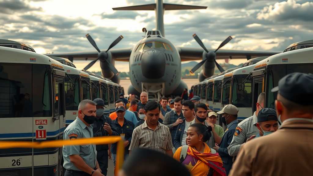 escena dramatica de deportacion en base aerea con migrantes y guardiasjpeg