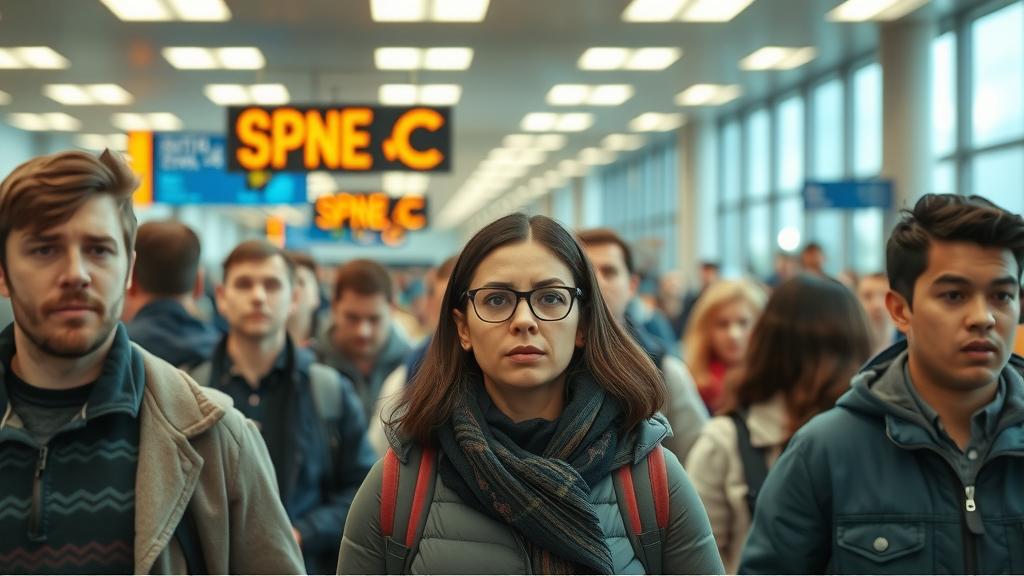 Crowded airport filled with anxious travelers.