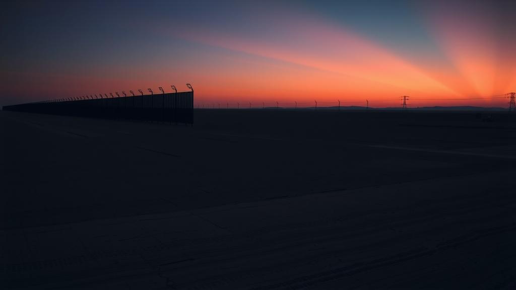 Desert border area at sunset, capturing the isolation.