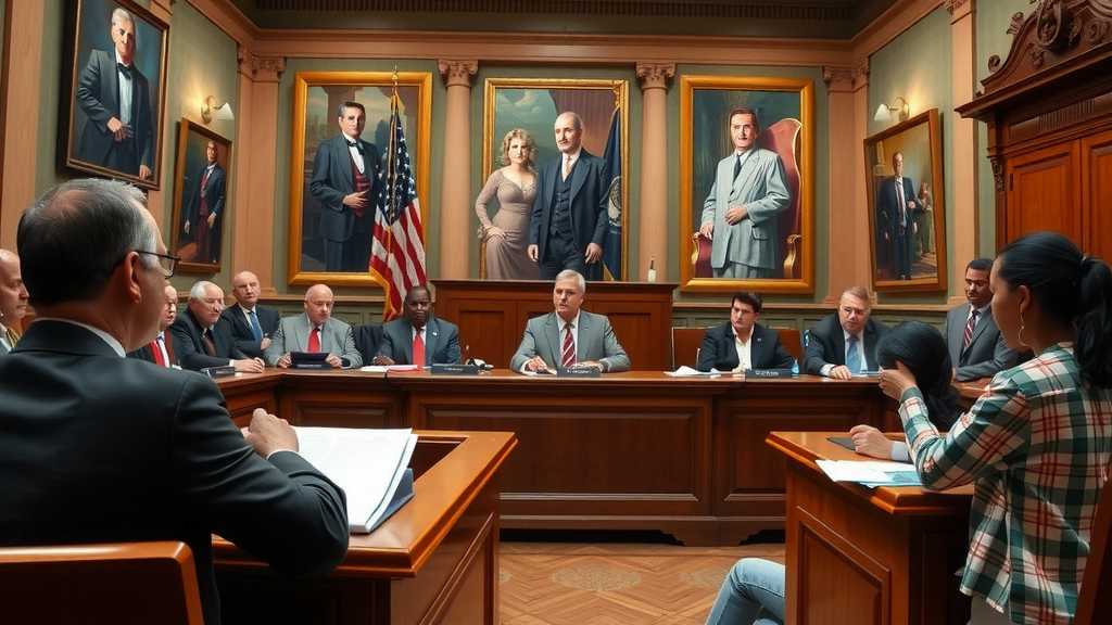 salon de justicia con audiencia comprometida y expertos legales rodeados de arte legal historicojpeg