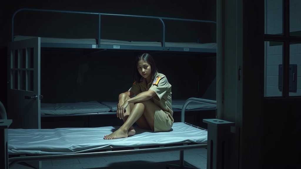 A distressed woman sitting in a detention center, emphasizing the impact of immigration laws.