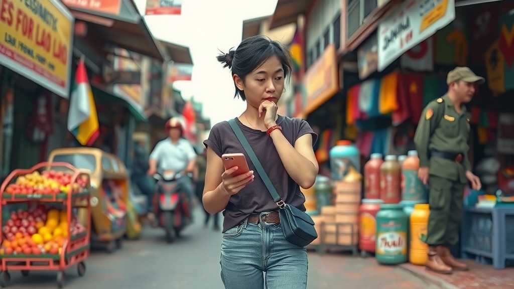 Lonely woman in a foreign street, struggling to connect with family.