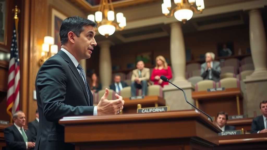 California lawmaker addressing the assembly on data privacy laws.