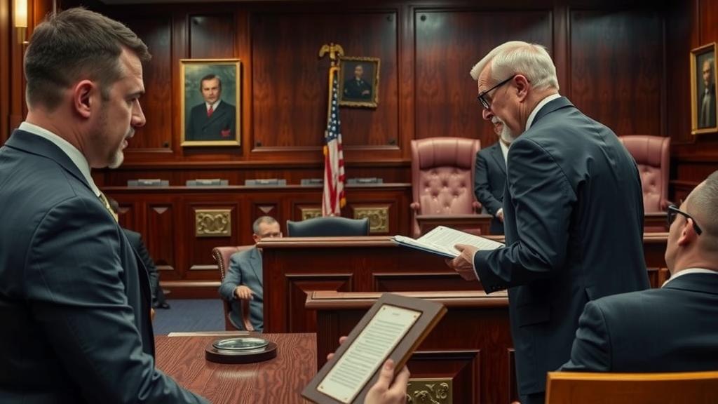 An immigration lawyer passionately defending a client in court.