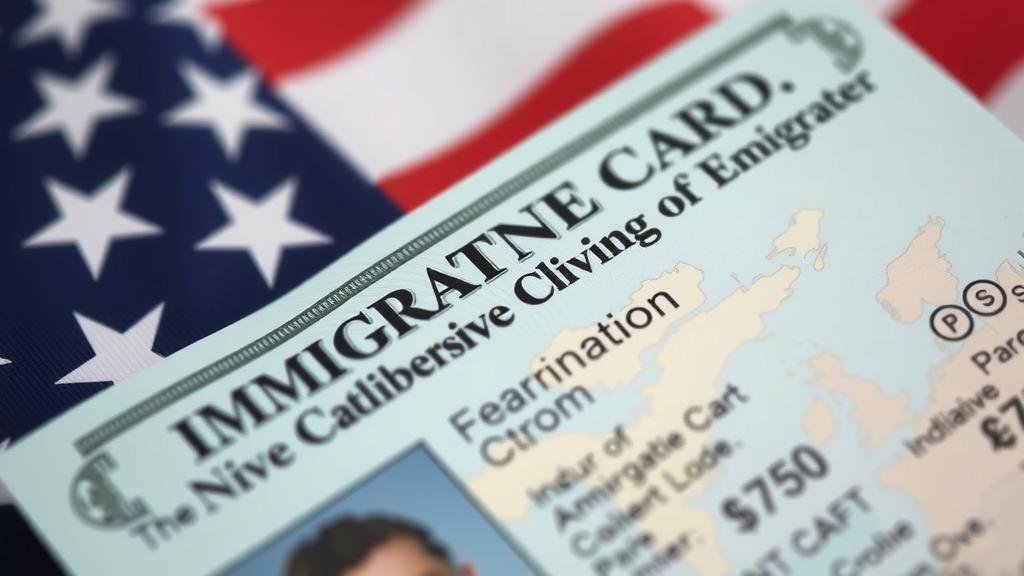 Close-up of a green card with an American flag.
