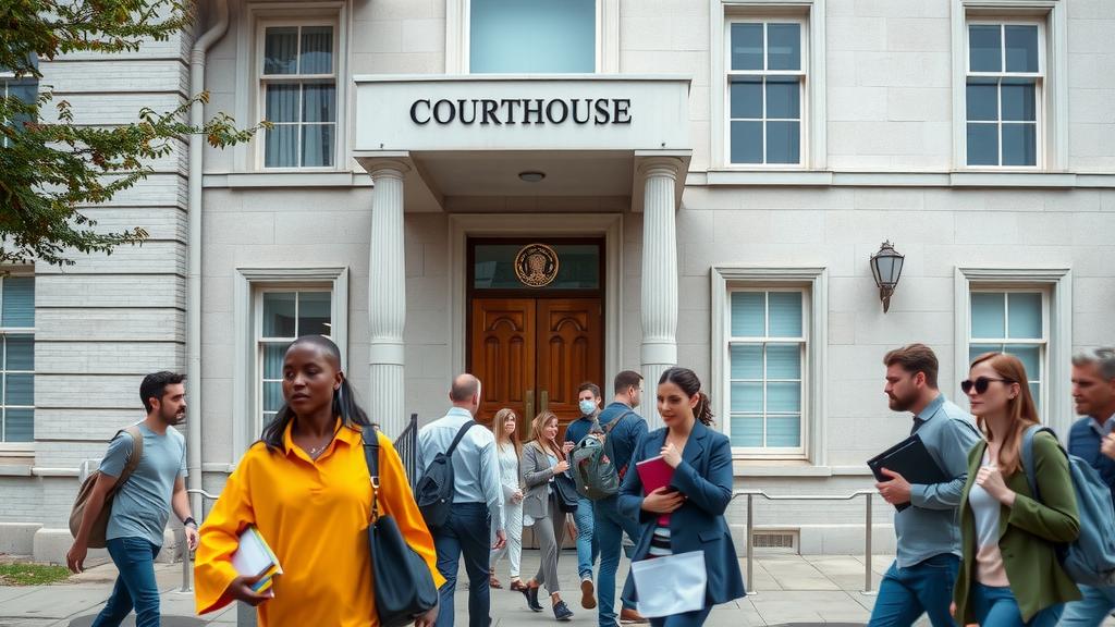Courthouse exterior with individuals engaged in legal matters.