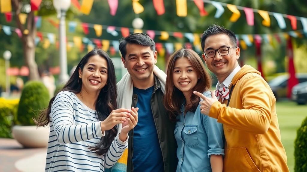 Family celebrating their new citizenship outdoors.