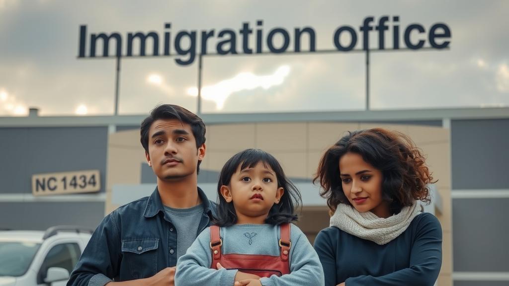 Family gathering outside an immigration office expressing emotions of hope.