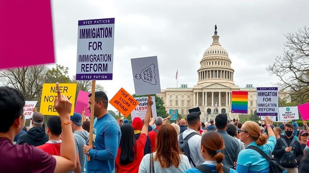 Immigrant advocates rallying for reform outside a government office.