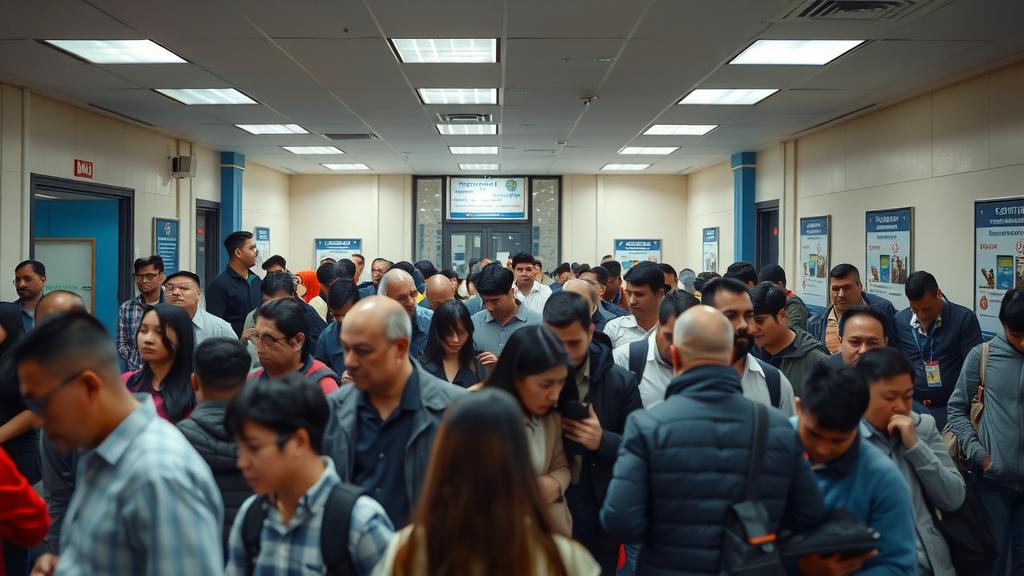 img inside a bustling immigration office with anxious immigrants