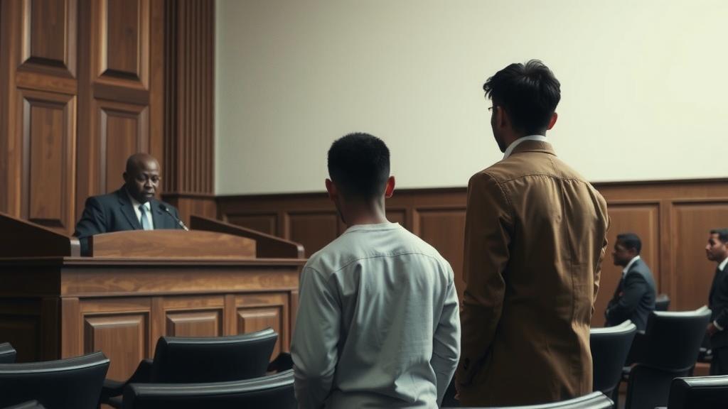 Inside a courtroom showing an asylum seeker and their lawyer.