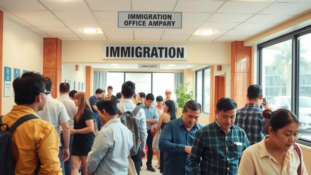img interior of an immigration office bustling with people