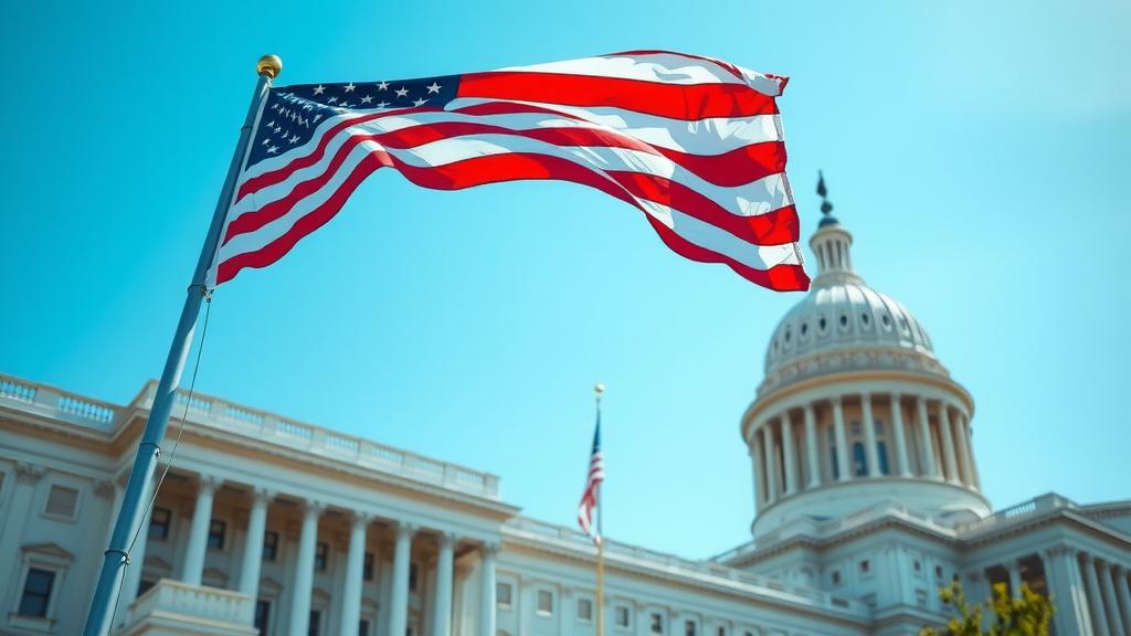 U.S. flag in front of historical government building.
