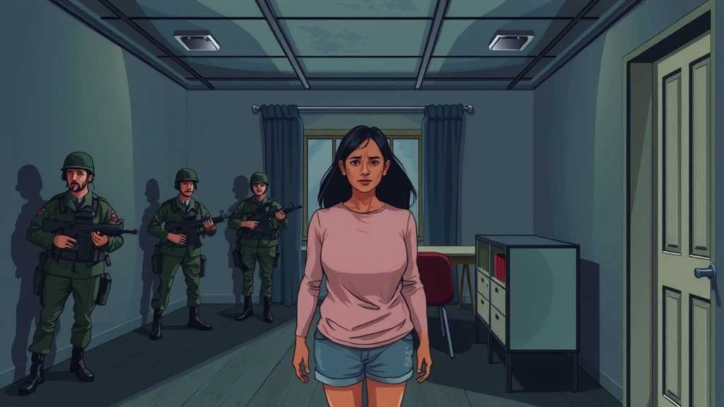 mujer emocionalmente angustiada en una habitacion rodeada de guardias militaresjpeg