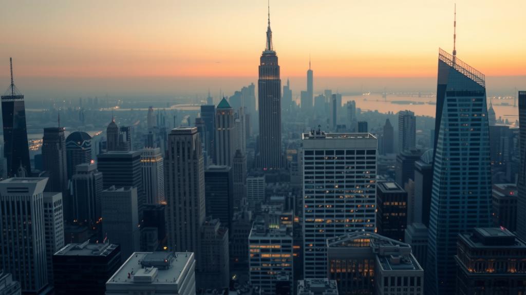 Cityscape view with immigration activities in foreground.