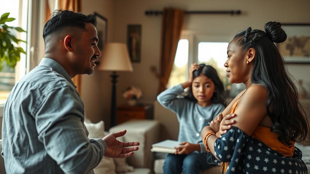 Family discussing immigration in their living room.