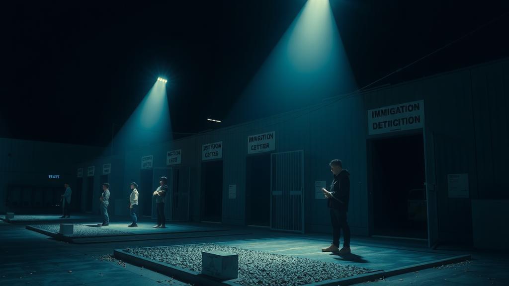 img immigration detention center at night stark lighting serious atmosphere