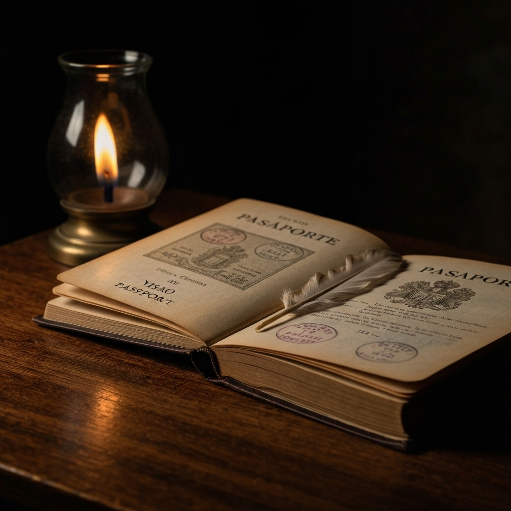 Detalle de un pasaporte y sello sobre una mesa con documentos
