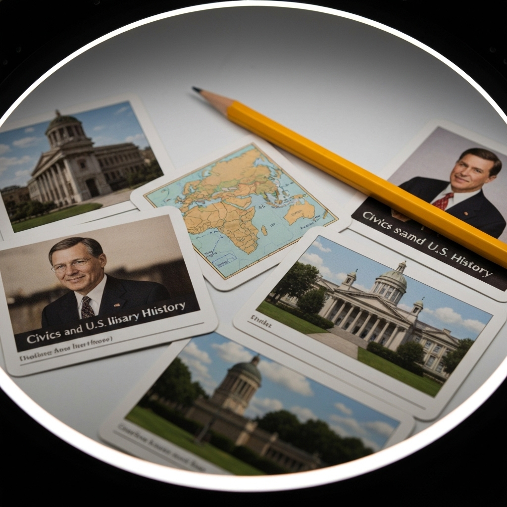 Detalle macro de tarjetas de estudio de civismo y un reloj marcando la fecha clave de implementacion