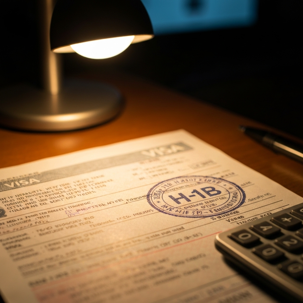 Detalle macro de un formulario de visa, un sello y un calculador que simbolizan el costo de la medida