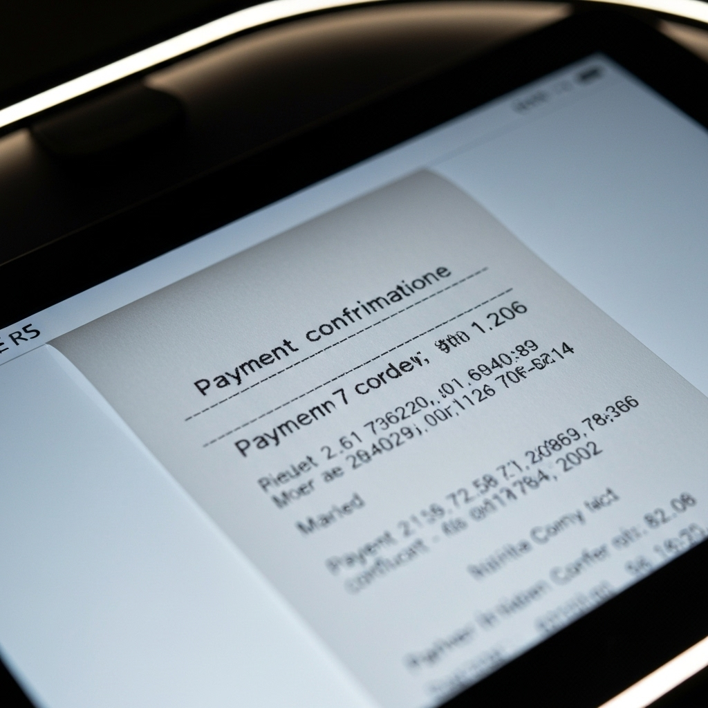 Macro cerca de un recibo en una tableta, enfocado en el codigo de confirmacion