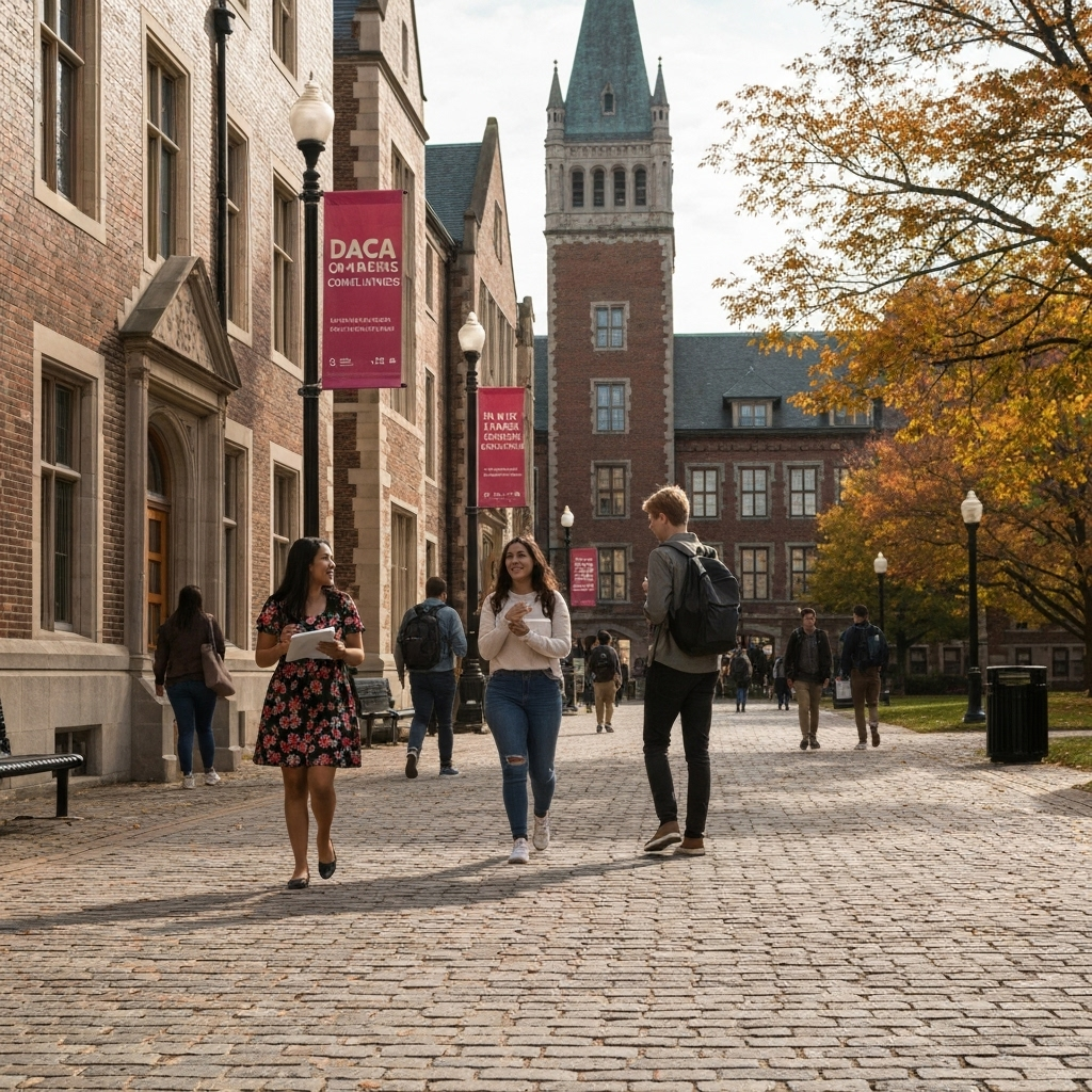 Plano amplio de un campus universitario con estudiantes y un cartel de DACA, mostrando contexto y escala.