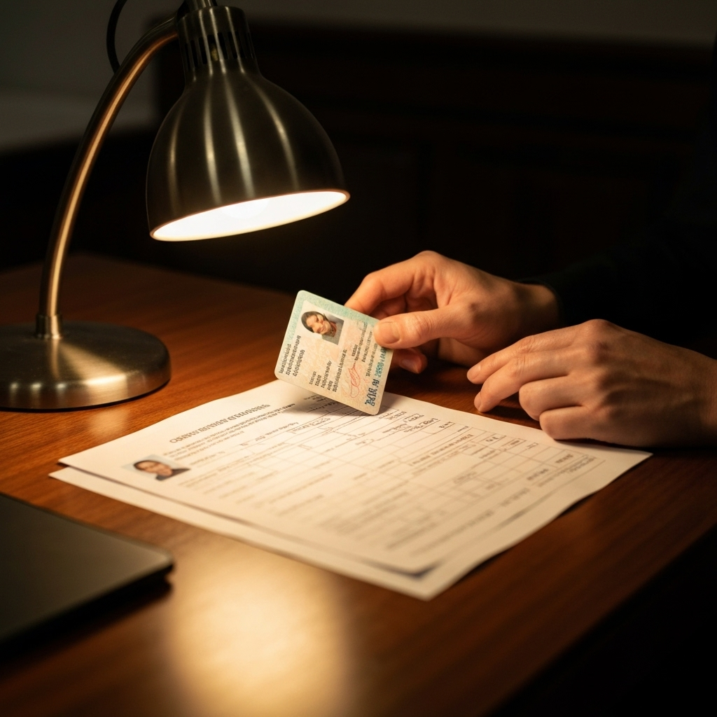 Primer plano de manos organizando documentos frente a un escritorio, simbolizando la verificacion de elegibilidad.
