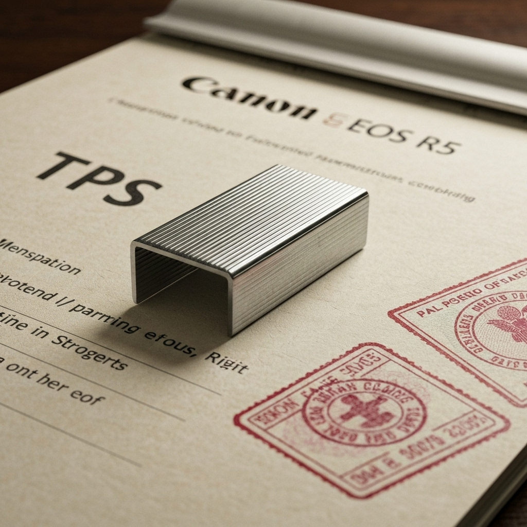 Primer plano de un documento TPS y un pasaporte, papeles texturados y sellos.