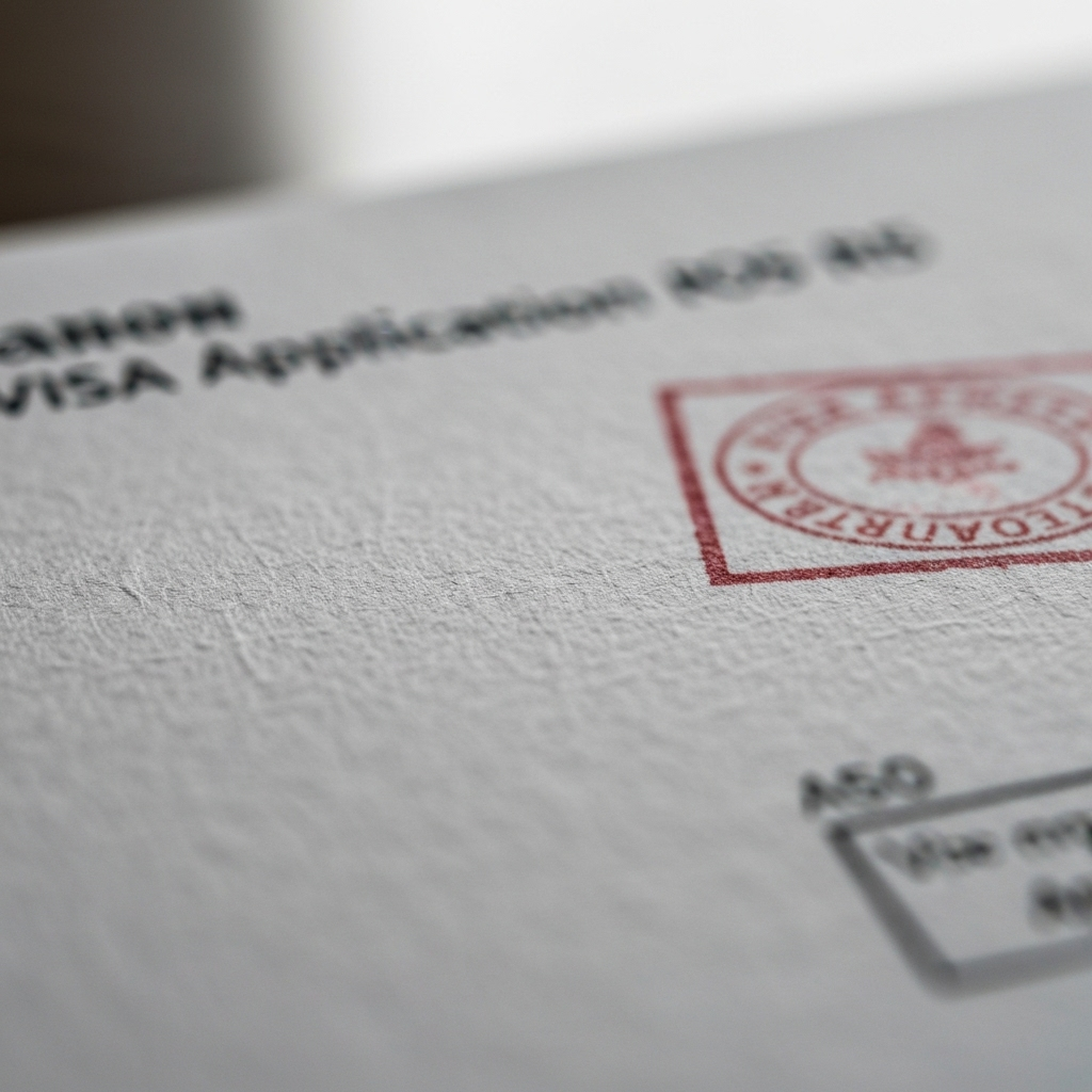 Primer plano de un formulario de visa y un sello, texturas del papel