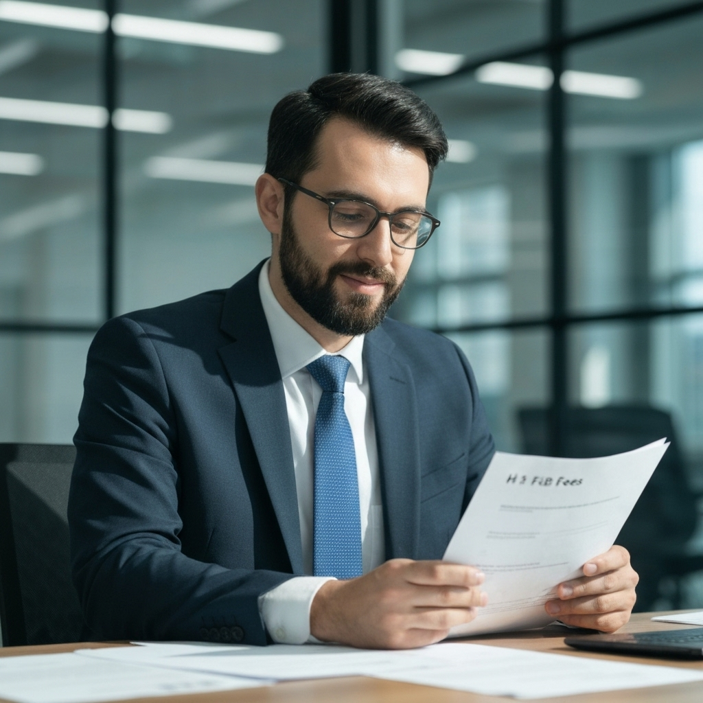 retrato de un experto en politica de inmigracion en una oficina de vidrio revisando documentos sobre tarifas h 1b