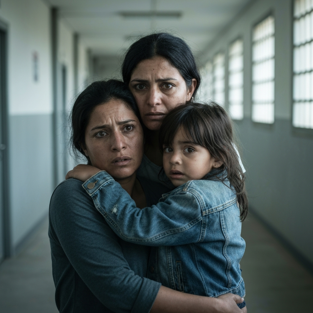 Retrato de una madre inmigrante y su hijo en un pasillo de detencion