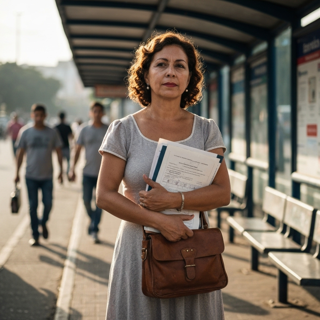Retrato de una madre venezolana en una parada de autobus, sosteniendo documentos, luz suave de la manana.