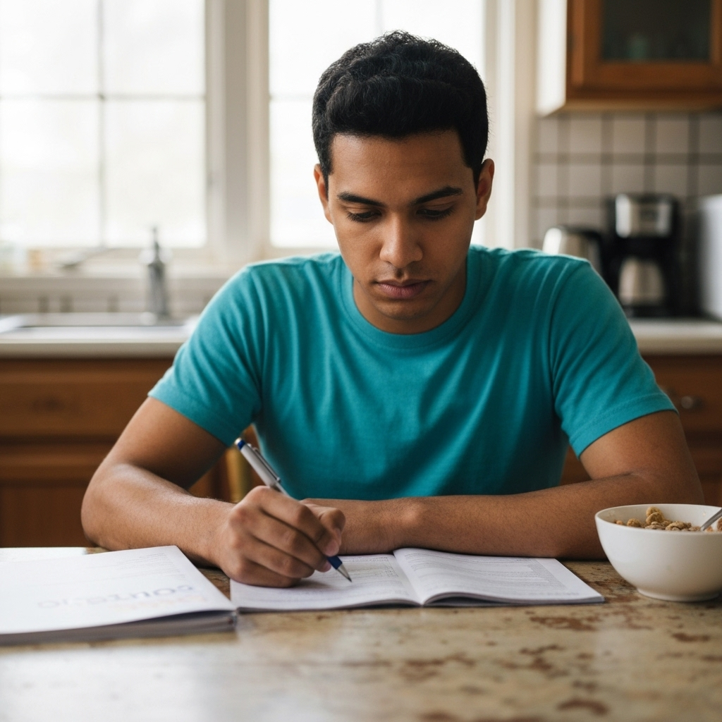 Retrato del aspirante preparando el examen civico en casa con cuaderno y guias, luz suave de la ventana y composicion con regla de los tercios
